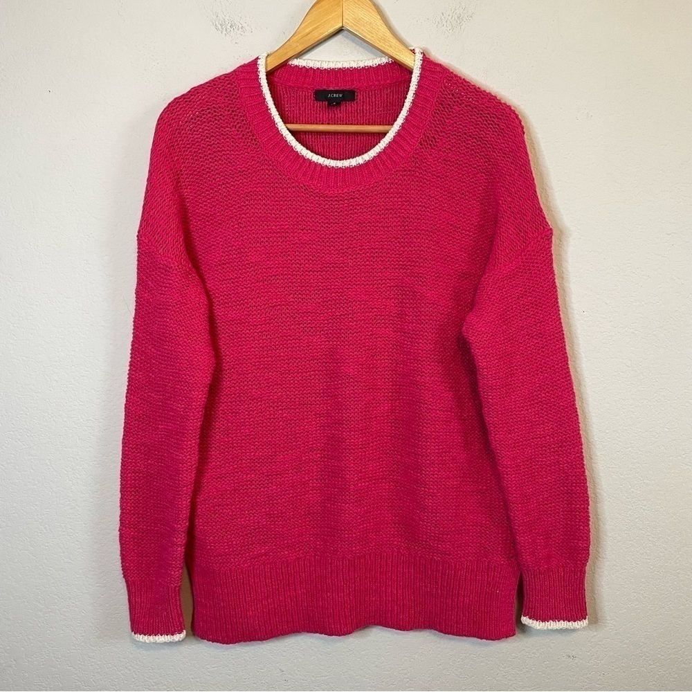 J Crew Pink White Tipped Beach Oversized Sweater Crew Neck Loose Knit Size Small